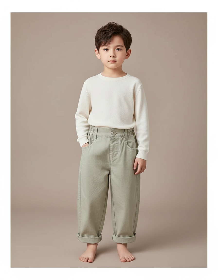 Pantalon Chinois Vert Ample Coton Enfant Casual - Kaki