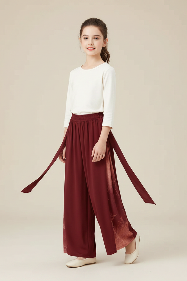 Pantalon Chinois Bordeaux Imprimé Ample Fluide Fille - Viscose
