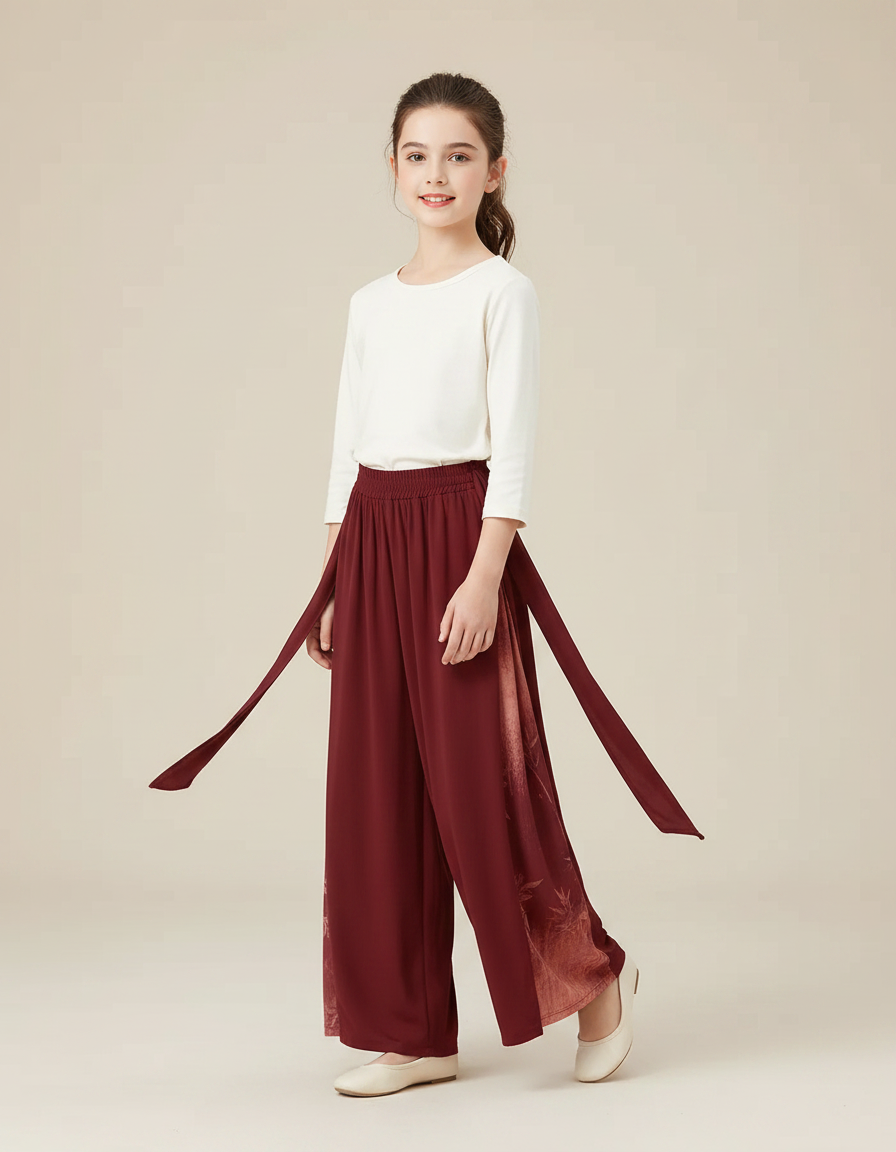 Pantalon Chinois Bordeaux Imprimé Ample Fluide Fille - Viscose