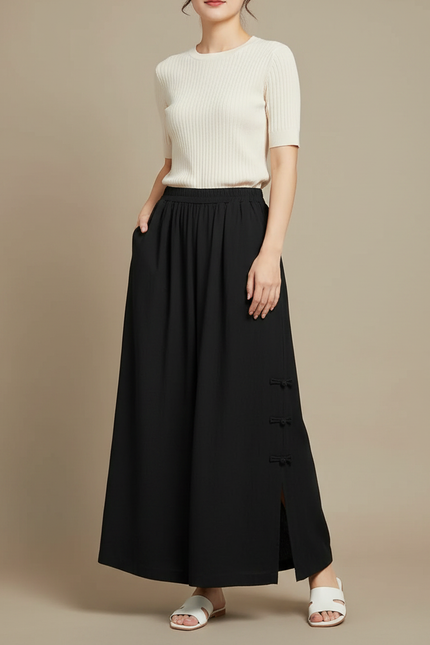 Pantalon Chinois Noir Ample Taille Haute Fendu - Viscose