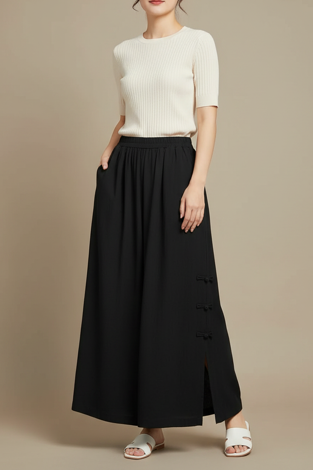 Pantalon Chinois Noir Ample Taille Haute Fendu - Viscose