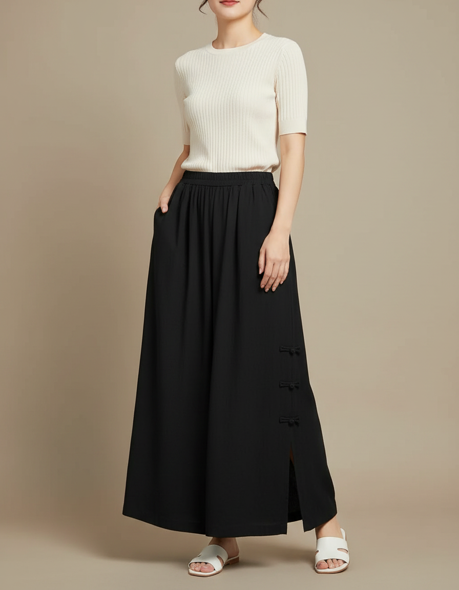 Pantalon Chinois Noir Ample Taille Haute Fendu - Viscose