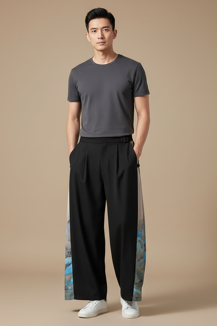 Pantalon Chinois Noir Ample Imprimé Paysage Soie Homme