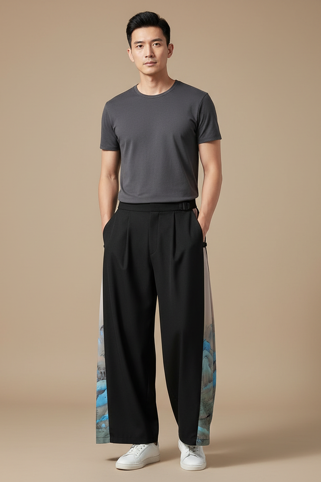 Pantalon Chinois Noir Ample Imprimé Paysage Soie Homme