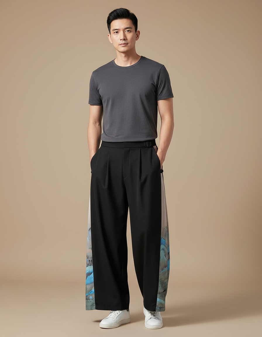 Pantalon Chinois Noir Ample Imprimé Paysage Soie Homme