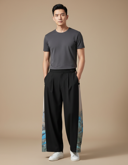 Pantalon Chinois Noir Ample Imprimé Paysage Soie Homme