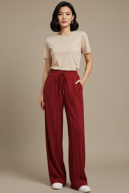 Pantalon Chinois Bordeaux Ample Cordon Fluide Sport - Viscose