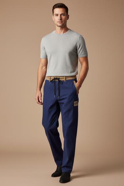 Pantalon Chinois Bleu Marine Droit Coton Homme Décontracté