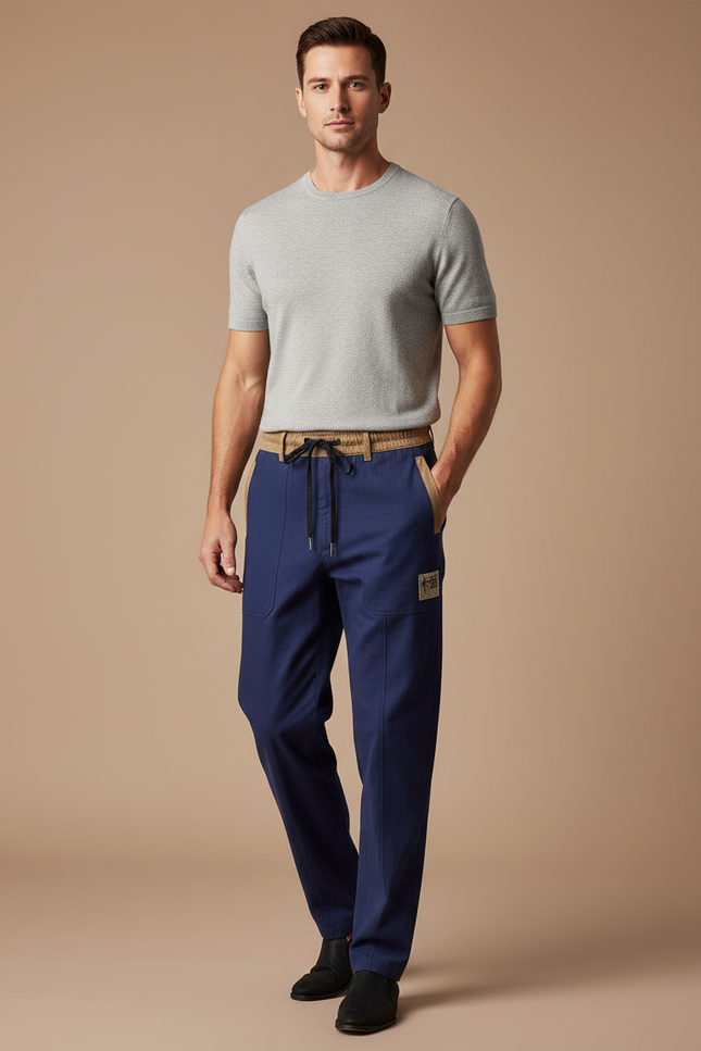 Pantalon Chinois Bleu Marine Droit Coton Homme Décontracté
