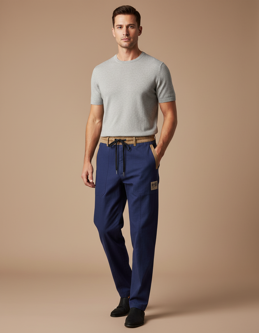 Pantalon Chinois Bleu Marine Droit Coton Homme Décontracté