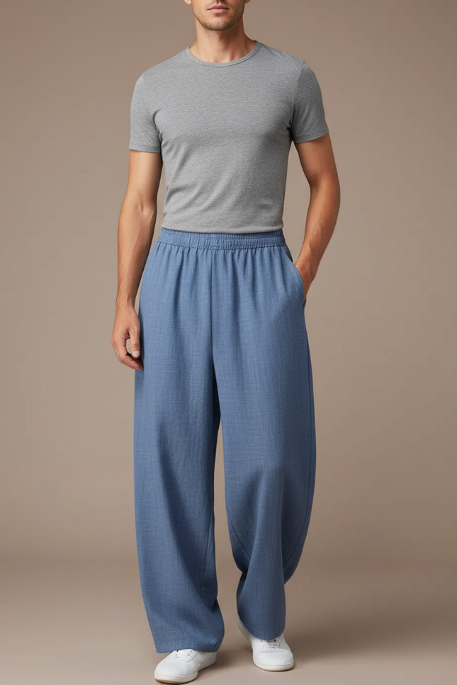 Pantalon Chinois Bleu Ample Lin Décontracté Homme