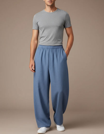 Pantalon Chinois Bleu Ample Lin Décontracté Homme