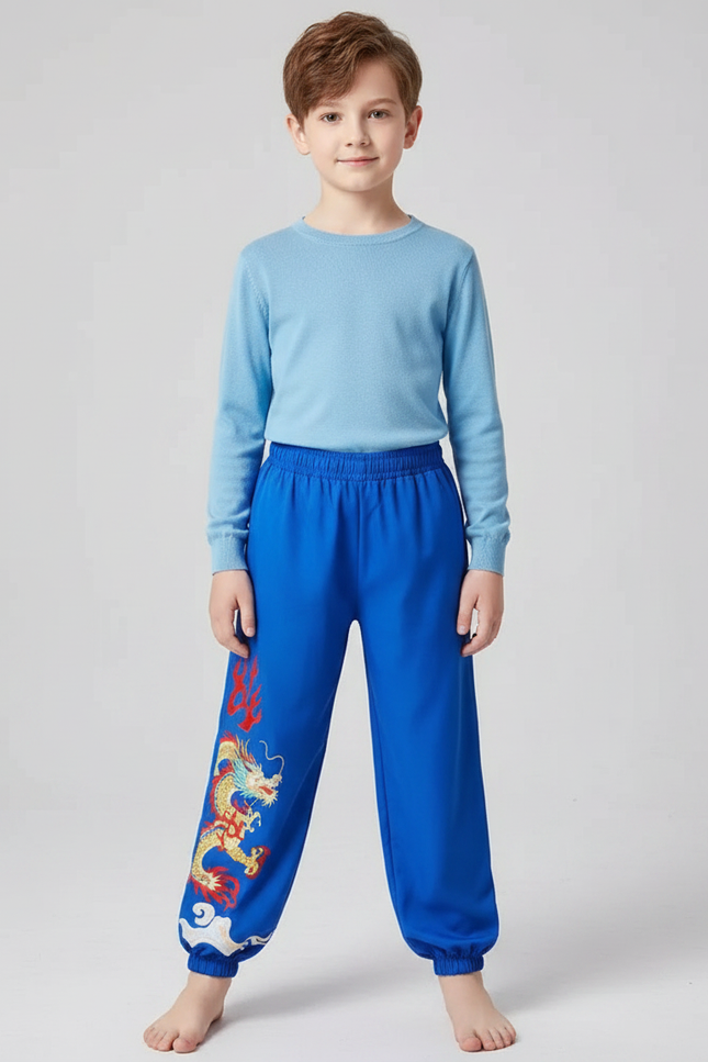 Pantalon Chinois Bleu Brodé Dragon Ample Enfant - Molleton