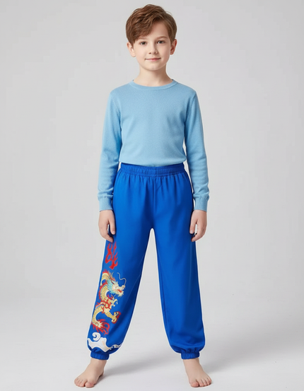Pantalon Chinois Bleu Brodé Dragon Ample Enfant - Molleton