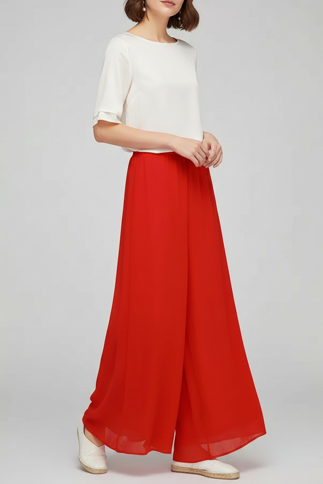 Pantalon Chinois Rouge Ample Fluide Estival Femme - Polyester