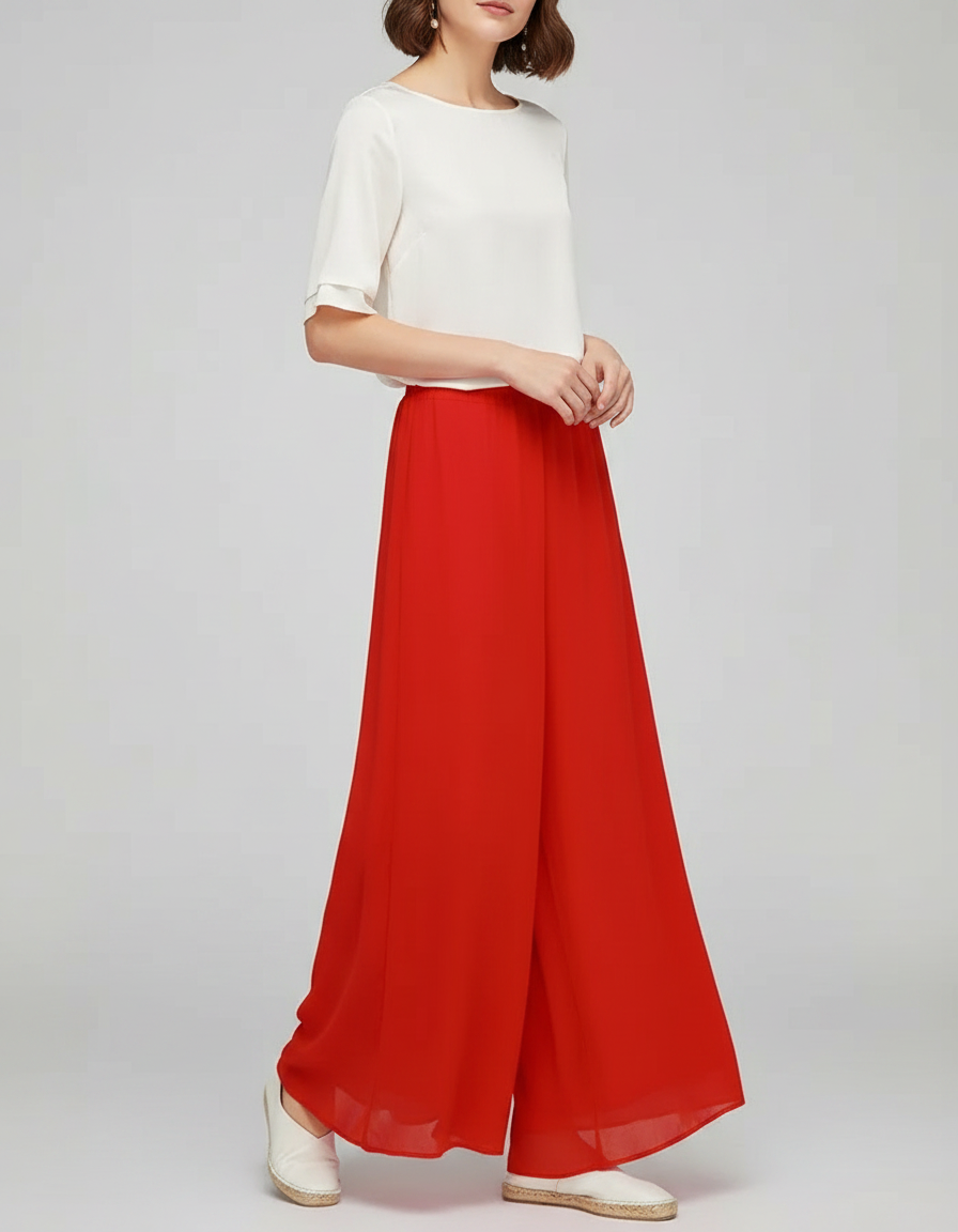 Pantalon Chinois Rouge Ample Fluide Estival Femme - Polyester