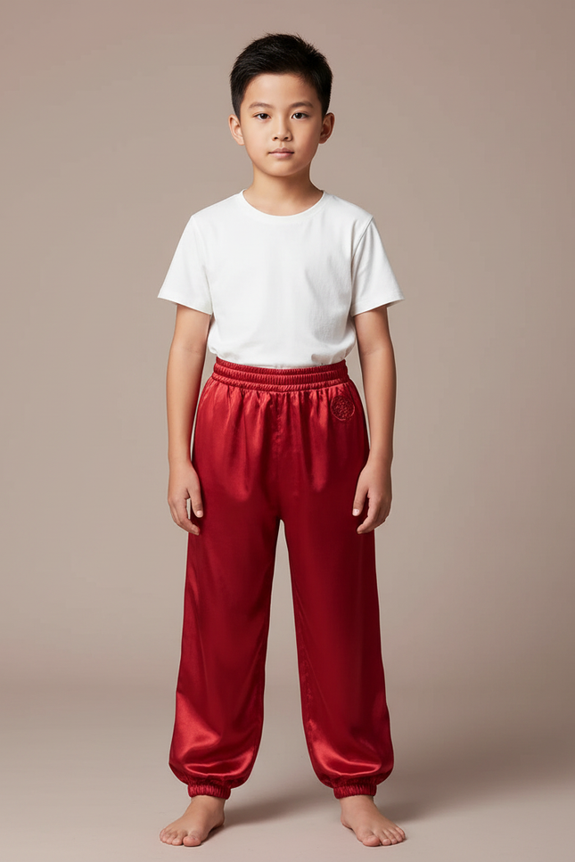 Pantalon Chinois Rouge Satiné Ample Enfant Brodé