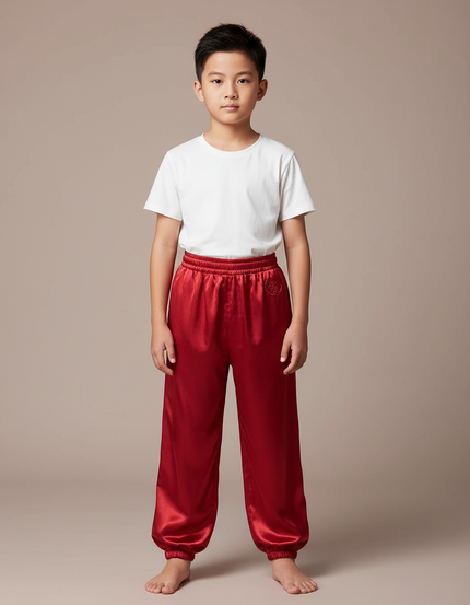 Pantalon Chinois Rouge Satiné Ample Enfant Brodé