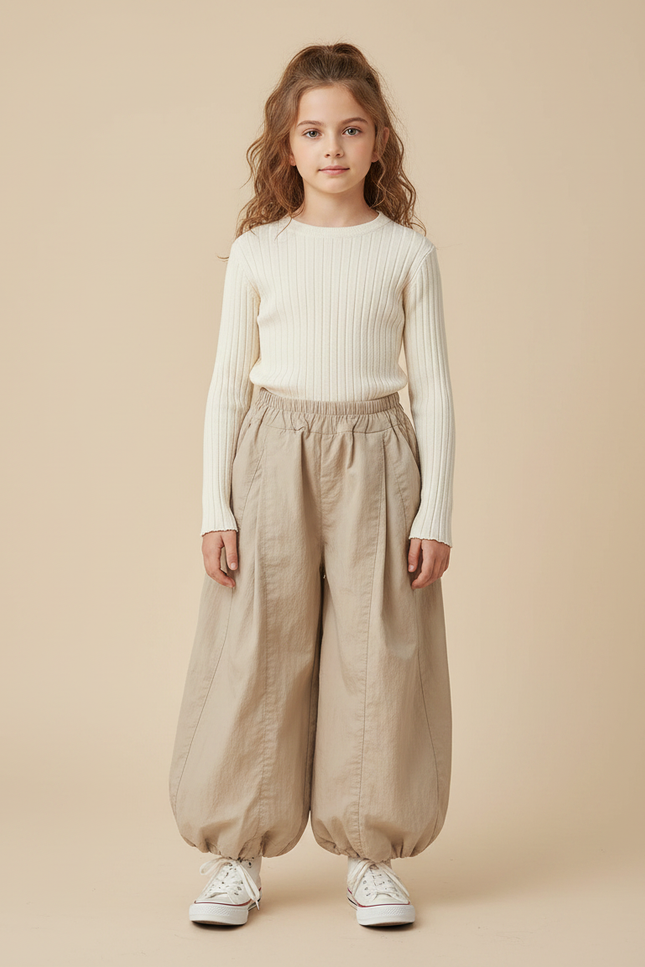 Pantalon Chinois Beige Ample Bouffant Décontracté Cordon - Toile