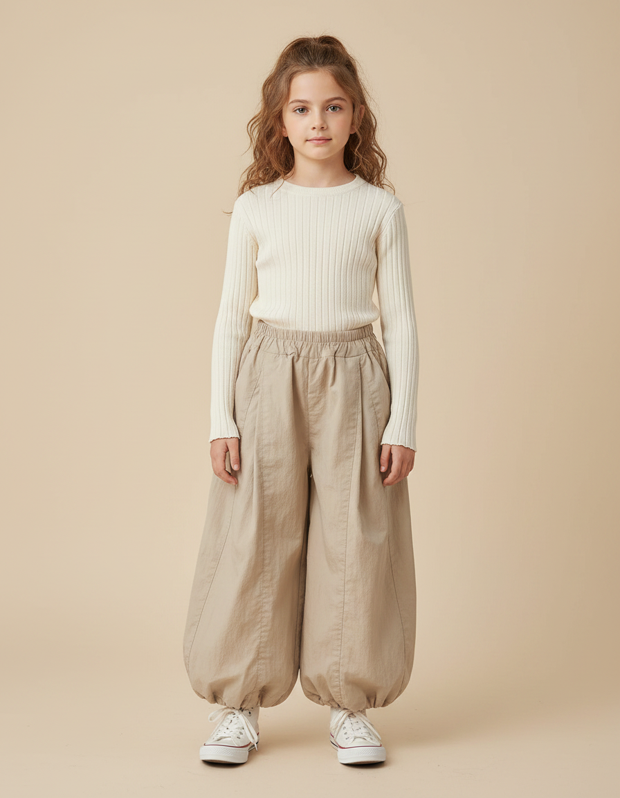 Pantalon Chinois Beige Ample Bouffant Décontracté Cordon - Toile