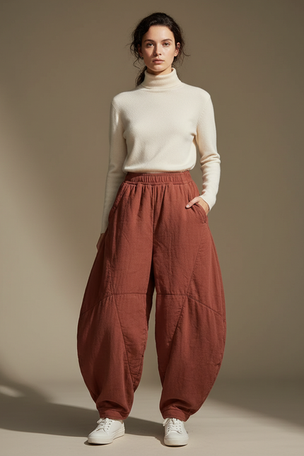 Pantalon Chinois Harem Coton Lin Matelassé Ample - Marron