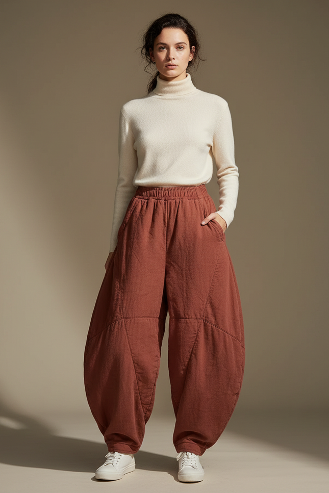 Pantalon Chinois Harem Coton Lin Matelassé Ample - Marron