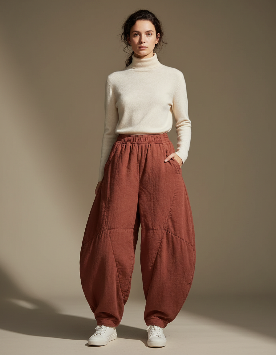 Pantalon Chinois Harem Coton Lin Matelassé Ample - Marron