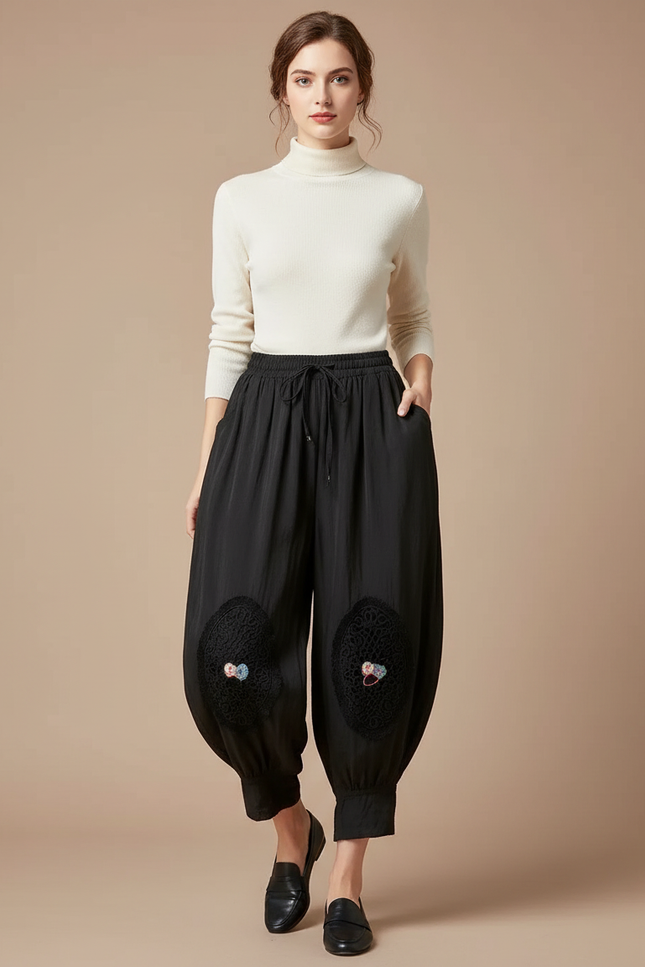 Pantalon Chinois Noir Harem Brodé Coton Ethnique - Viscose