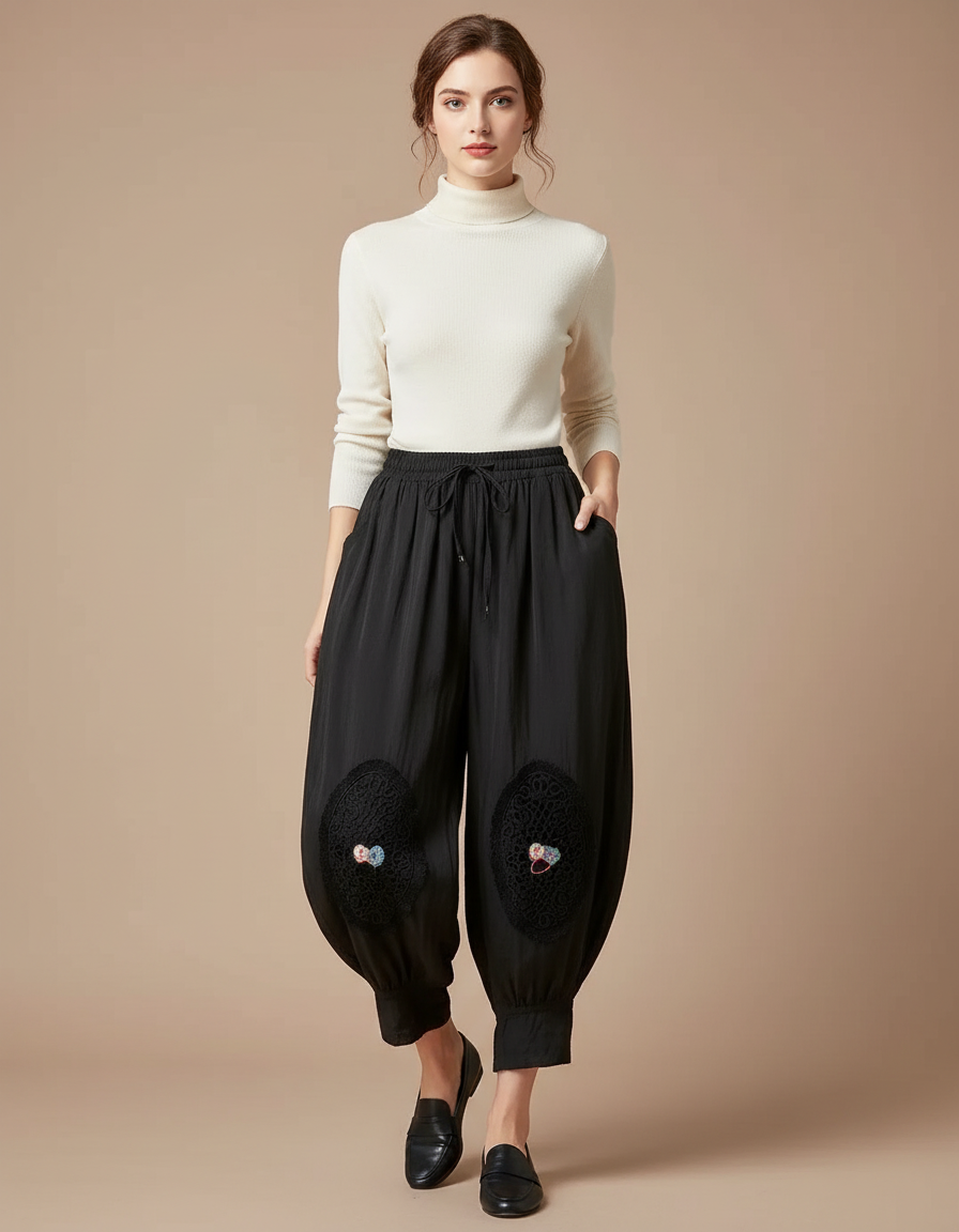 Pantalon Chinois Noir Harem Brodé Coton Ethnique - Viscose