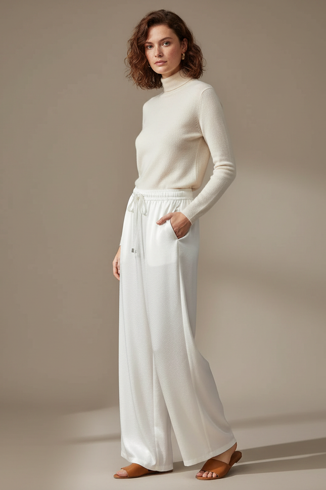 Pantalon Chinois Satin Blanc Ample Fluide Élégant