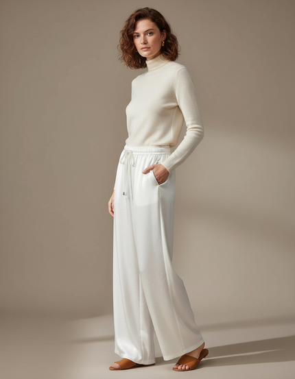 Pantalon Chinois Satin Blanc Ample Fluide Élégant
