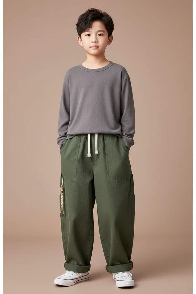 Pantalon Chinois Vert Armée Coton Ample Décontracté Garçon - Kaki