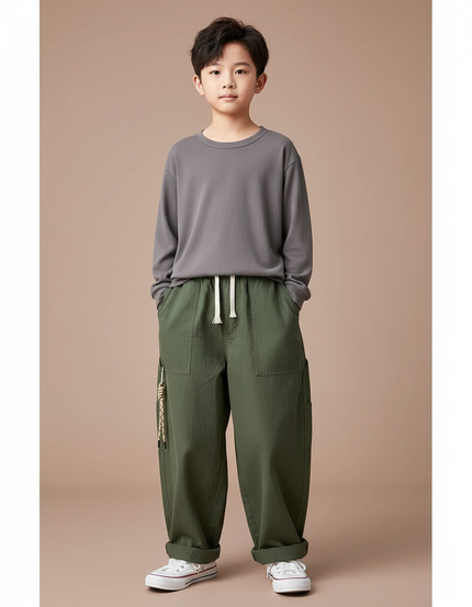 Pantalon Chinois Vert Armée Coton Ample Décontracté Garçon - Kaki
