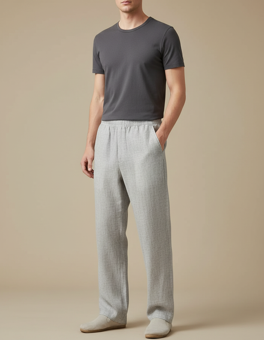 Pantalon Chinois Gris Clair Lin Ample Homme