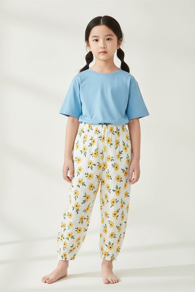 Pantalon Chinois Blanc Mousseline Fleuri Enfant Décontracté - Imprimé Coton