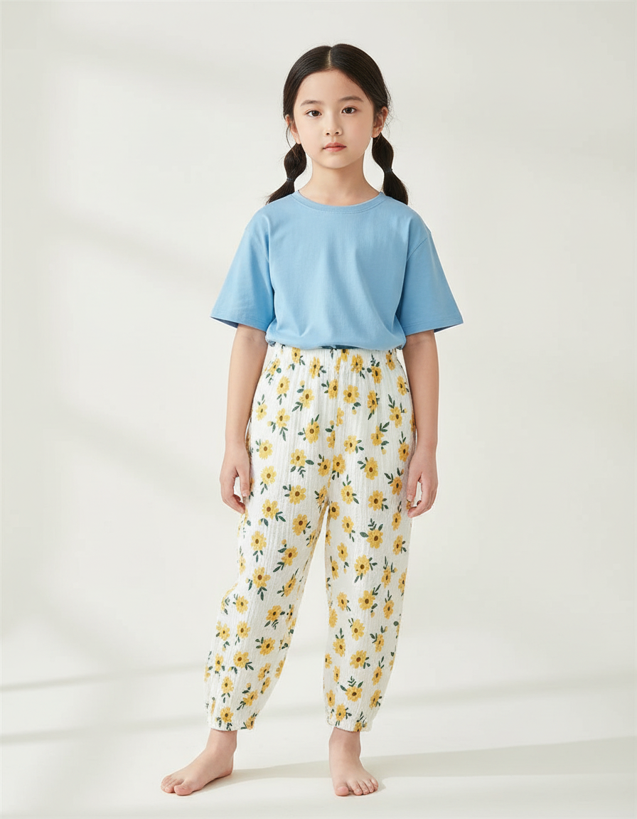 Pantalon Chinois Blanc Mousseline Fleuri Enfant Décontracté - Imprimé Coton