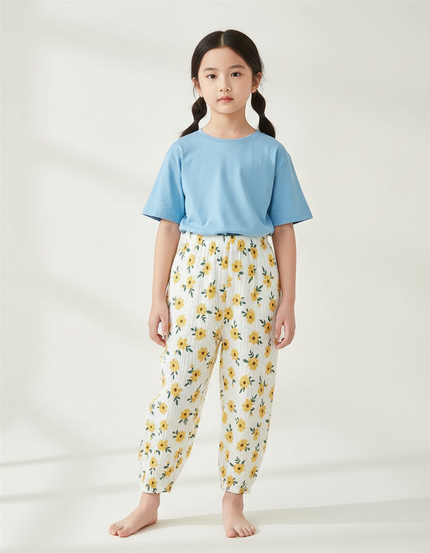 Pantalon Chinois Blanc Mousseline Fleuri Enfant Décontracté - Imprimé Coton
