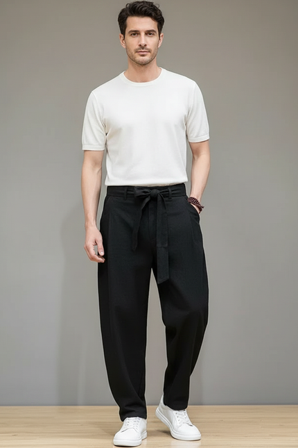 Pantalon Chinois Noir Coton Lin Ample Ceinturé Homme
