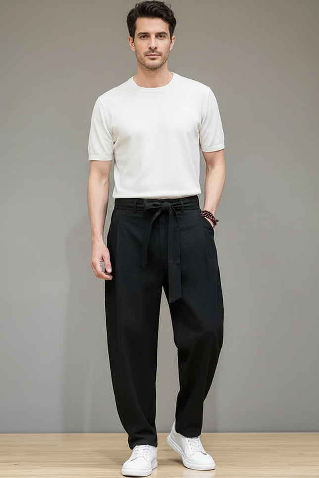 Pantalon Chinois Noir Coton Lin Ample Ceinturé Homme