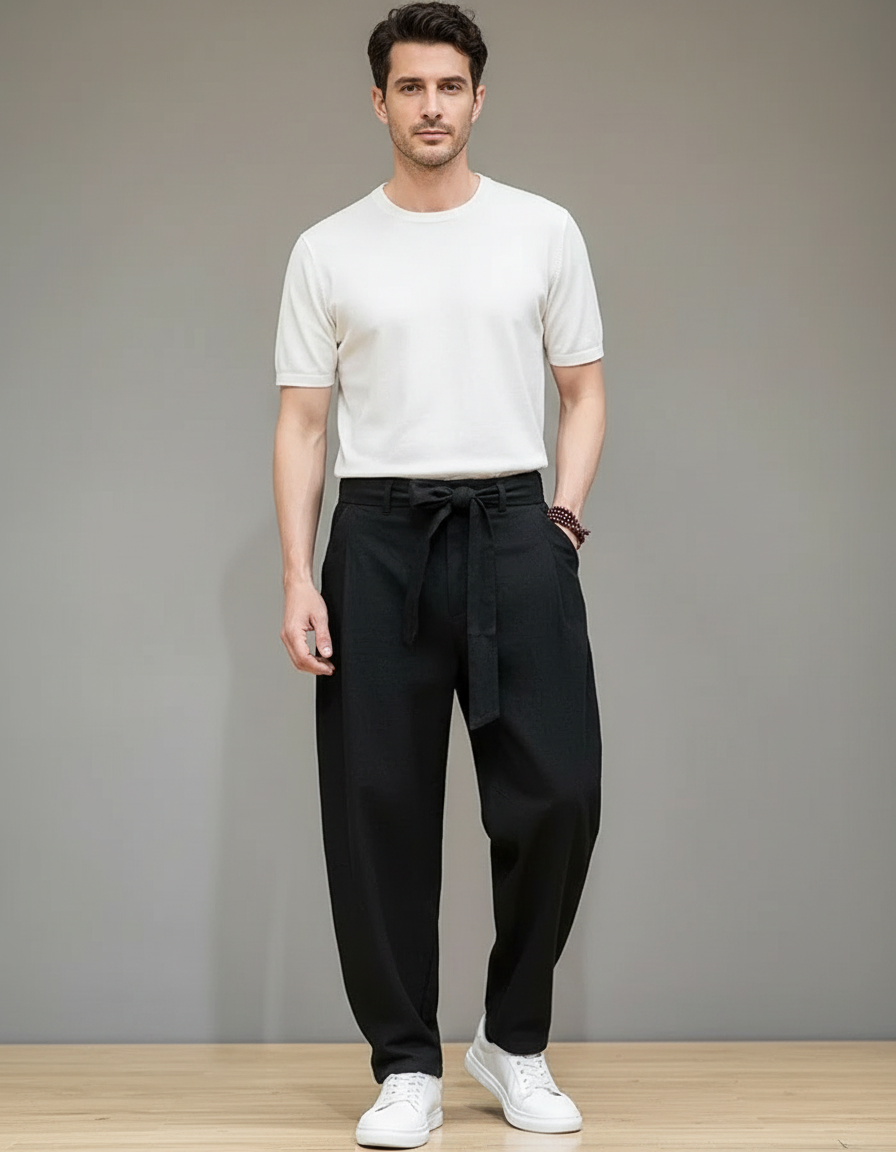 Pantalon Chinois Noir Coton Lin Ample Ceinturé Homme