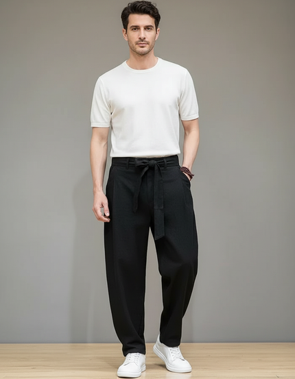Pantalon Chinois Noir Coton Lin Ample Ceinturé Homme