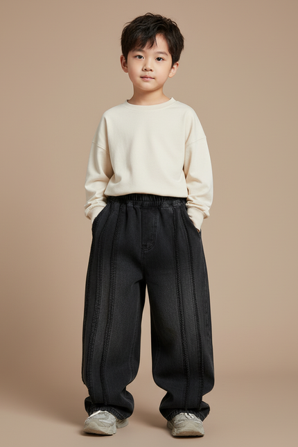 Pantalon Chinois Noir Ample Plissé Décontracté Enfant - Jean