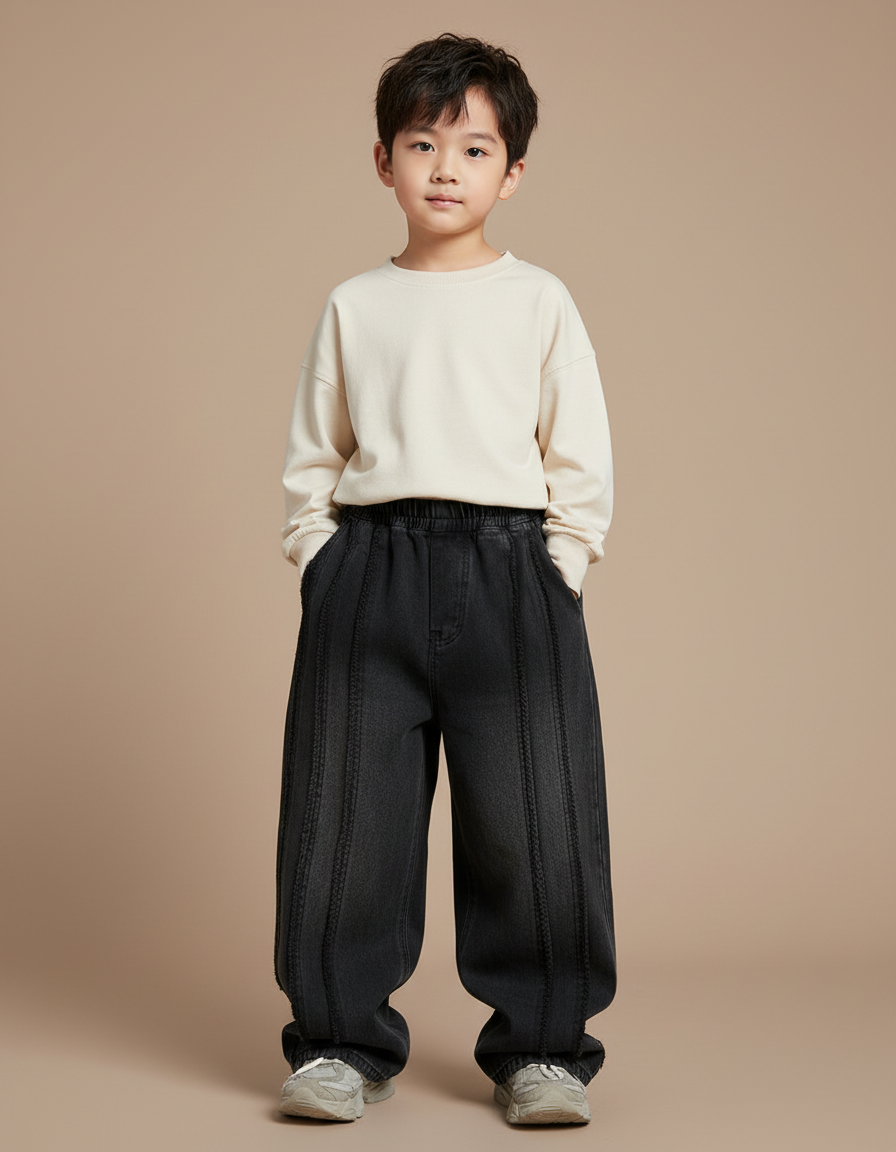 Pantalon Chinois Noir Ample Plissé Décontracté Enfant - Jean