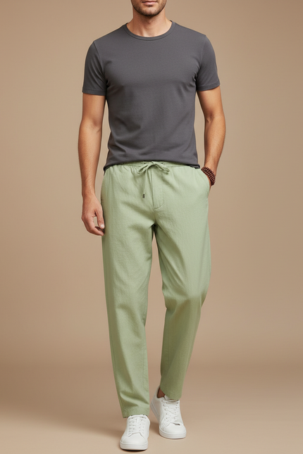 Pantalon Chinois Vert Clair Coton Lin Ample Décontracté