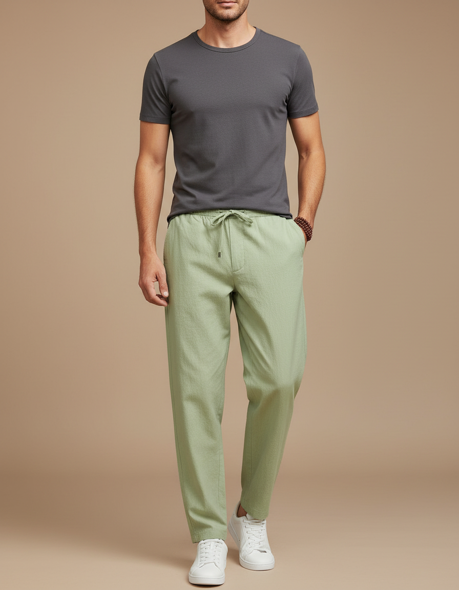 Pantalon Chinois Vert Clair Coton Lin Ample Décontracté