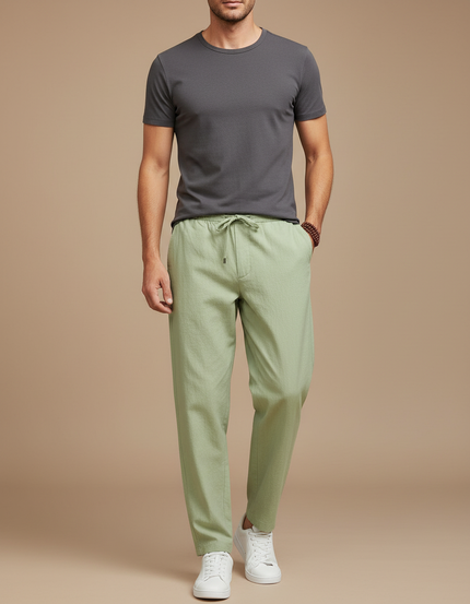 Pantalon Chinois Vert Clair Coton Lin Ample Décontracté