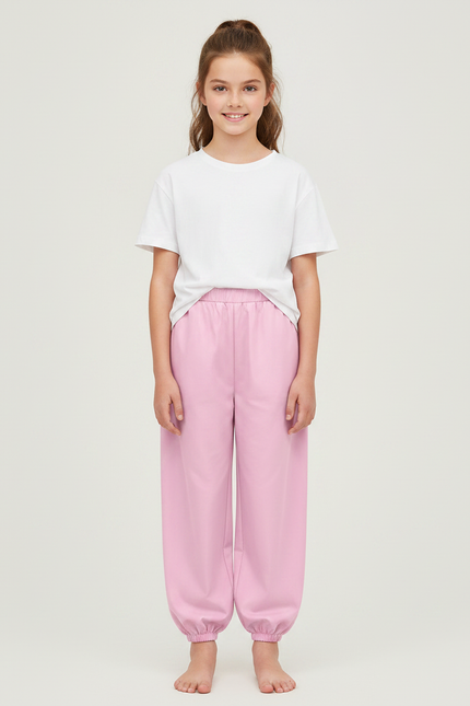 Pantalon Chinois Rose Uni Ample Élastique Fille - Molleton