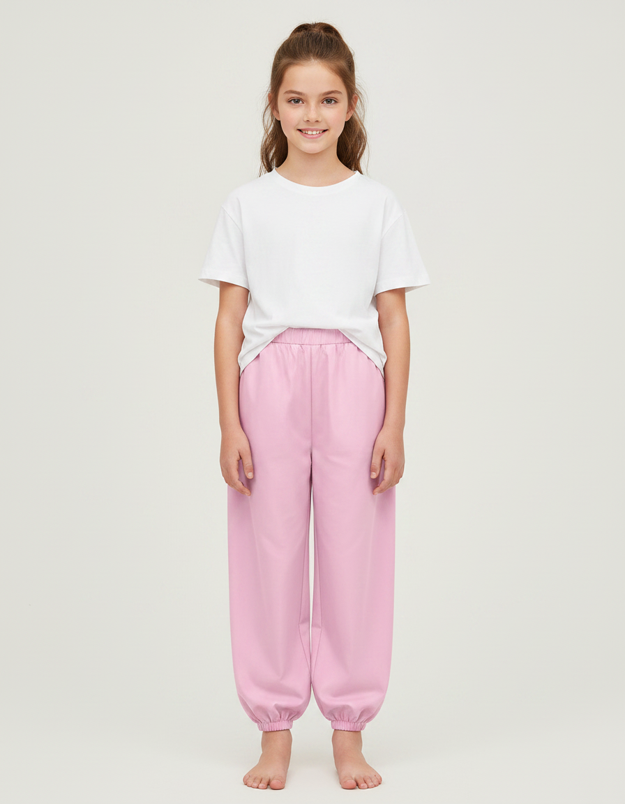 Pantalon Chinois Rose Uni Ample Élastique Fille - Molleton