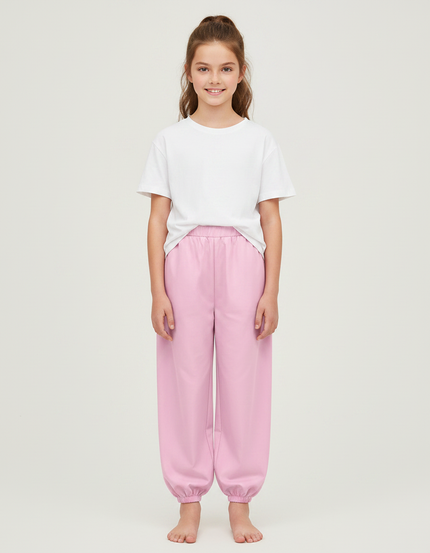 Pantalon Chinois Rose Uni Ample Élastique Fille - Molleton