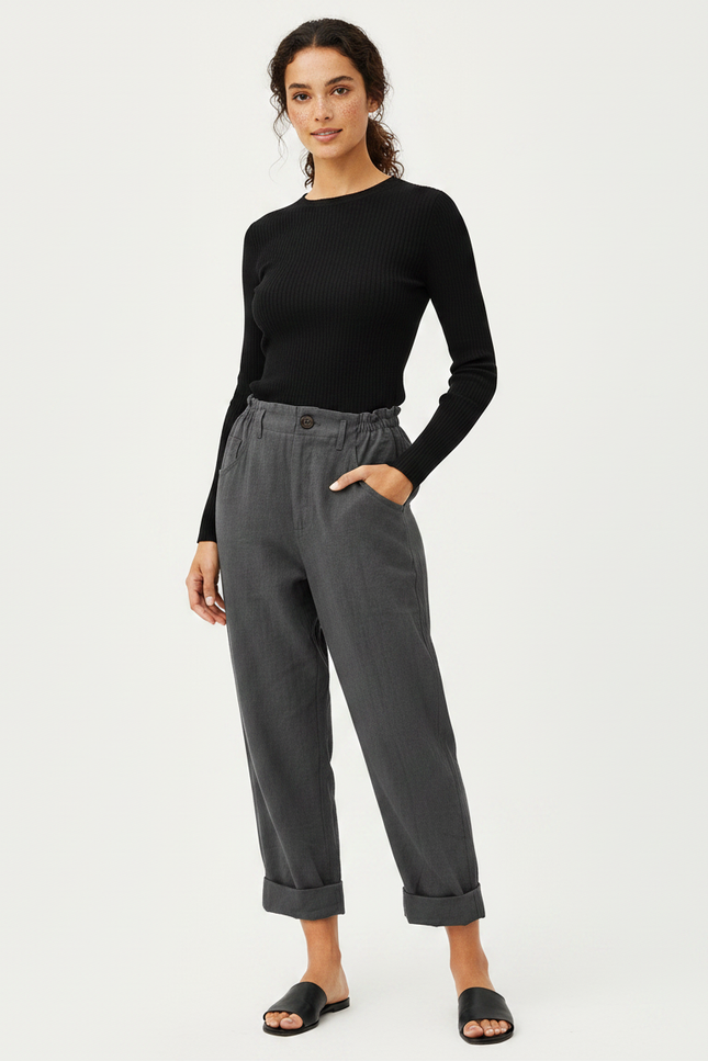 Pantalon Chinois Gris Ample Coton Décontracté Ceinturé